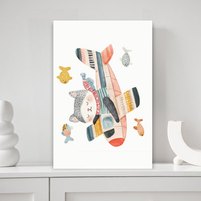 «Whimsical Cat Pilot Colorful Playful Whimsical Cat Fish», impression murale