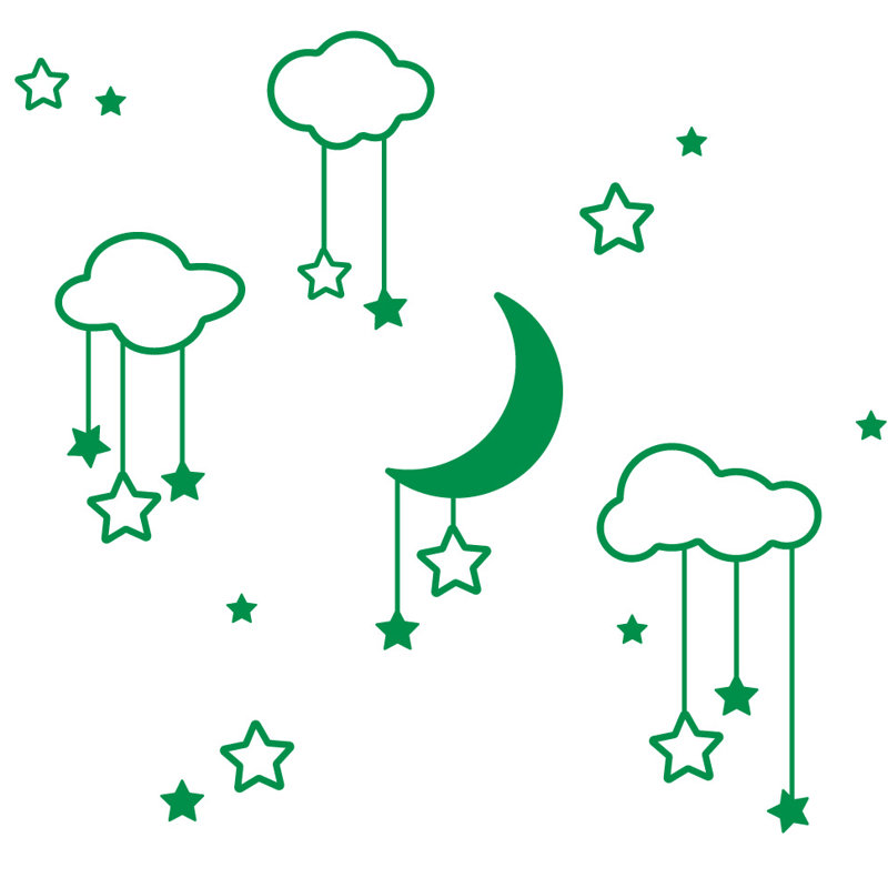 Décalcomanie murale étoiles et nuages lune, H 22 po x l 24 po x P 0,01 po, Vert clair