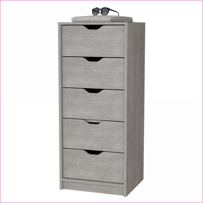 Commode, commode haute étroite à 5 tiroirs Dillon | Gris béton | Bois d'ingénierie, Beige
