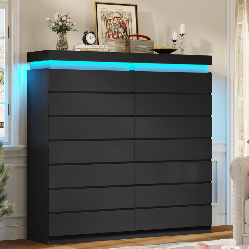 7 Drawer Dresser With Led Light, Tall Closet Dressers With Drawers For Bedroom Living Room Entryway Hallway,, Black