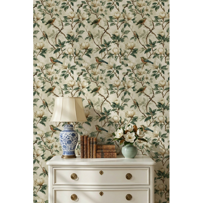 Papier peint floral avec oiseaux, Non tissé, non collé