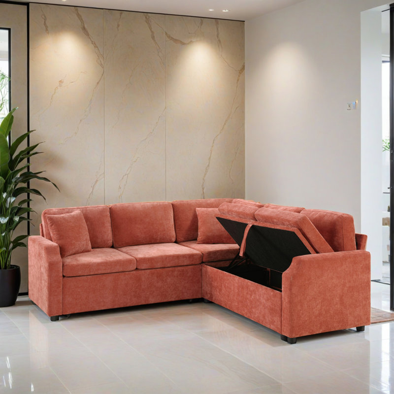 Canapé-lit modulaire en forme de L 81,91 po avec lit escamotable pour le salon, Chenille orange