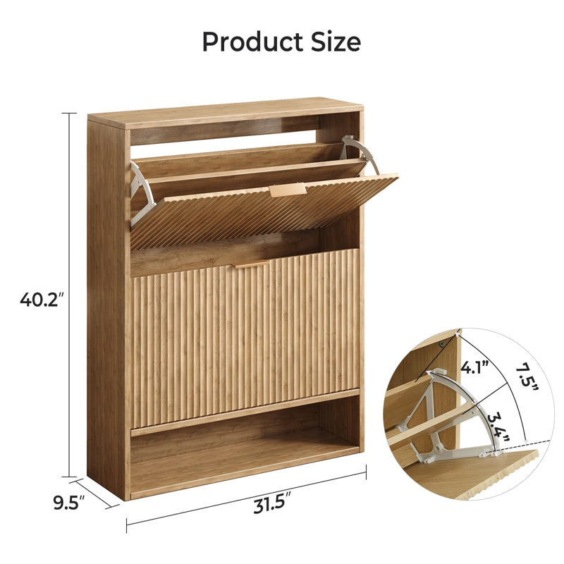 Narrow Flip-Door Shoe Cabinet With Wood Grain Design, Oak