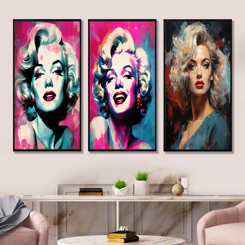 Magenta Monroe Popart Portrait, Cadre flottant noir, H 32 po x l 48 po