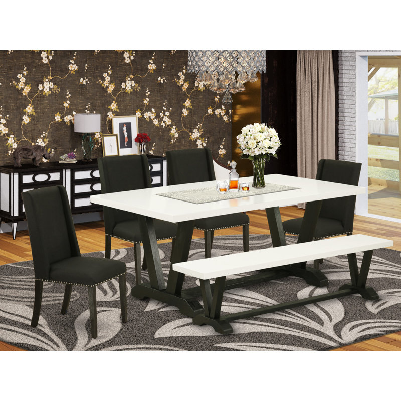 6 Piece Dining Room Table Set Contains a Rectangle Kitchen Table with V-Legs and 4 Black Linen Fabric Parson Chairs with a Bench, Wire brushed Black