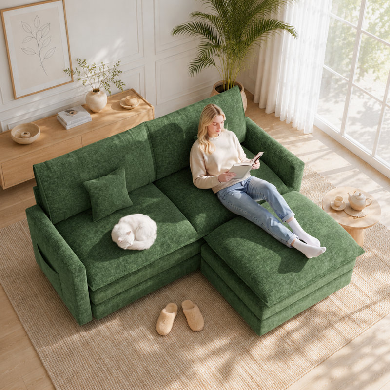 Causeuse rembourré 74 po avec repose-pieds, canapé en chenille 74 po, 74,4 po x 3 places, Vert