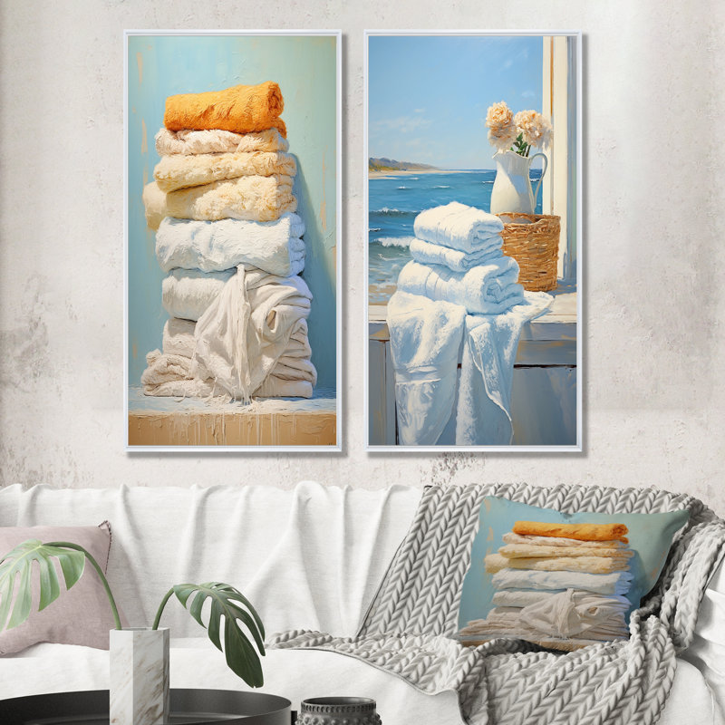 Ensemble de 2 serviettes blanches et orange, Cadre flottant blanc, H 28 po x l 25 po