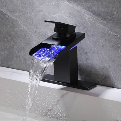 Robinet de lavabo de salle de bain 1 trou à DEL noir mat à poignée simple