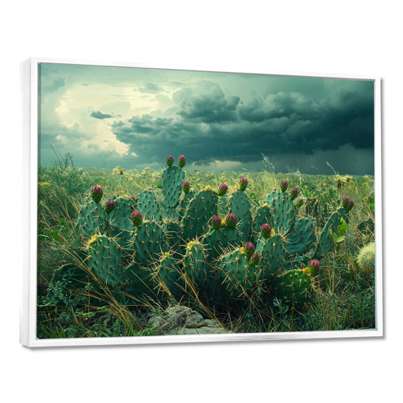 Cactus et la tempête du désert - art mural cactus, H 12 po x l 20 po, Avec cadre, Blanc
