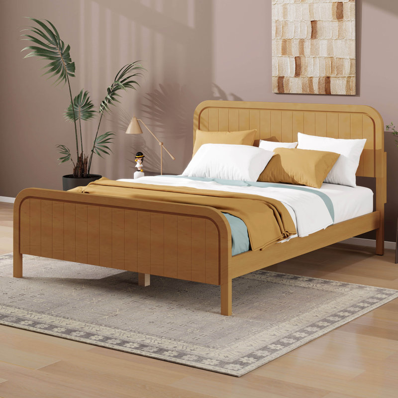 Base de lit en bois, lit plateforme avec tête et pied de lit, support en lattes de bois, Grand lit, Chêne naturel