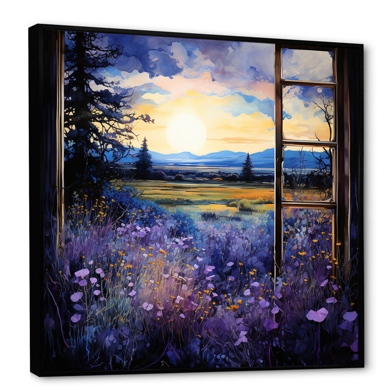 Lavande Horizon Country Side Windows I - Farmhouse Windows, art mural, Cadre flottant noir, H 36 po x l 36 po