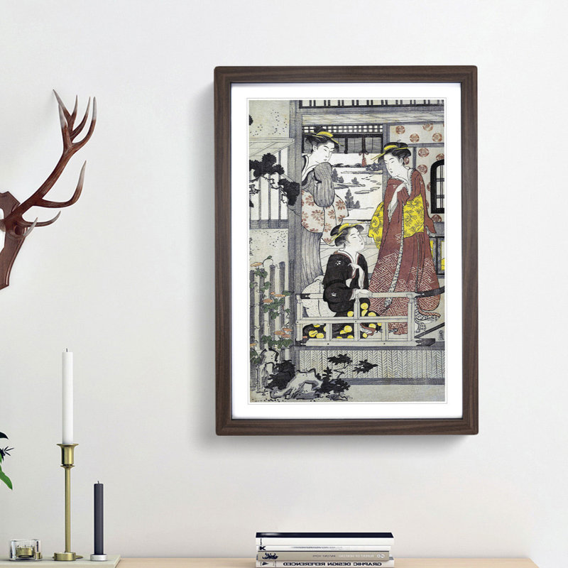 Three Women on a Veranda by Chobunsai Eishi - Picture Frame Painting Print, 36cm H x 27cm W x 2cm D, Walnut Framed
