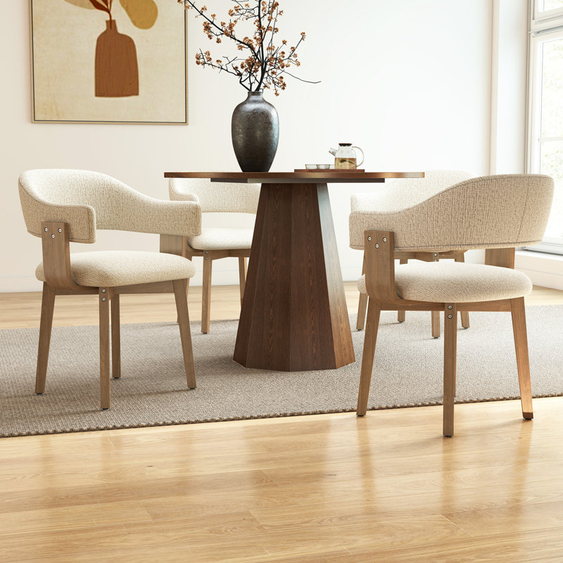 Modern 5-Piece Round Brown Dining Set With Upholstered Chairs With Backrest And Armrests, Fit For 4 People, Brown, Beige