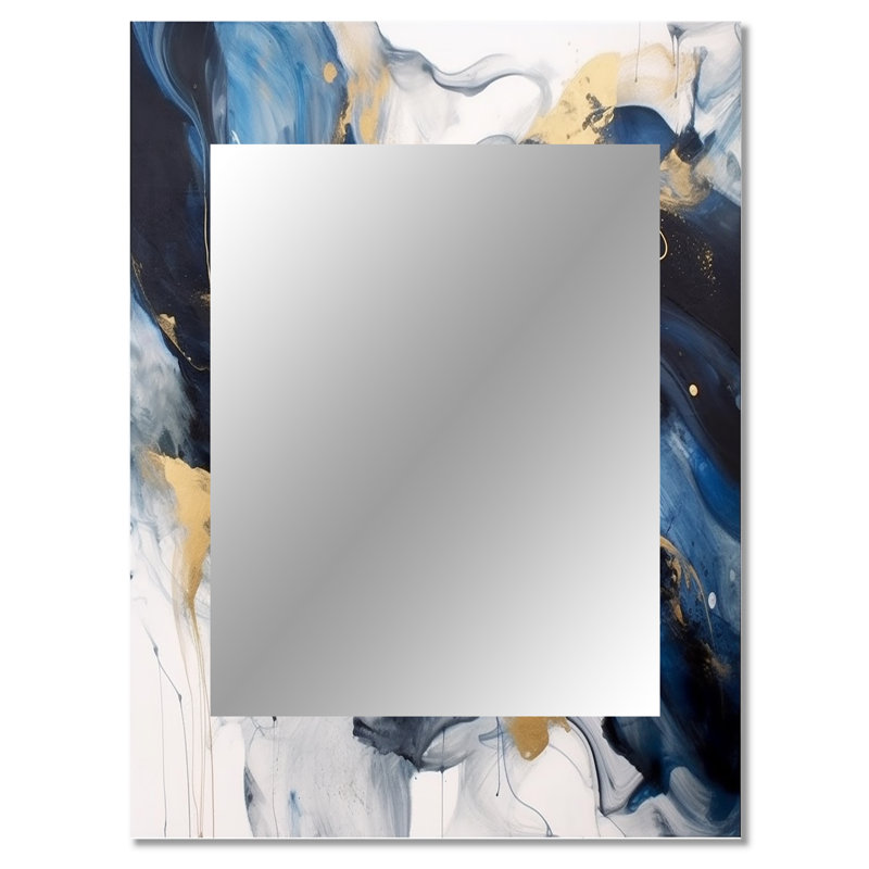 McKibbens Dark Blue and Gold Strokes XII - Fractals Wall Mirror, Blue Decorative Mirror, Printed Metal Art, 40" x 30"