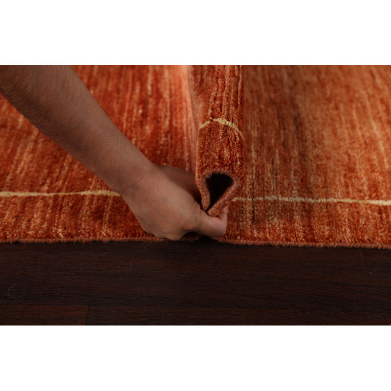 Tapis de couloir orange en laine noué à la main de conception unique 2 pi 6 po x 9 pi 7 po