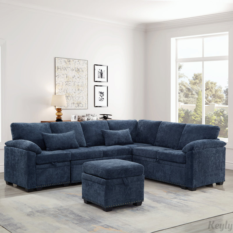97" L-Shaped Corner Sectional Sofa Couch with Storage Ottoman, Dark Blue