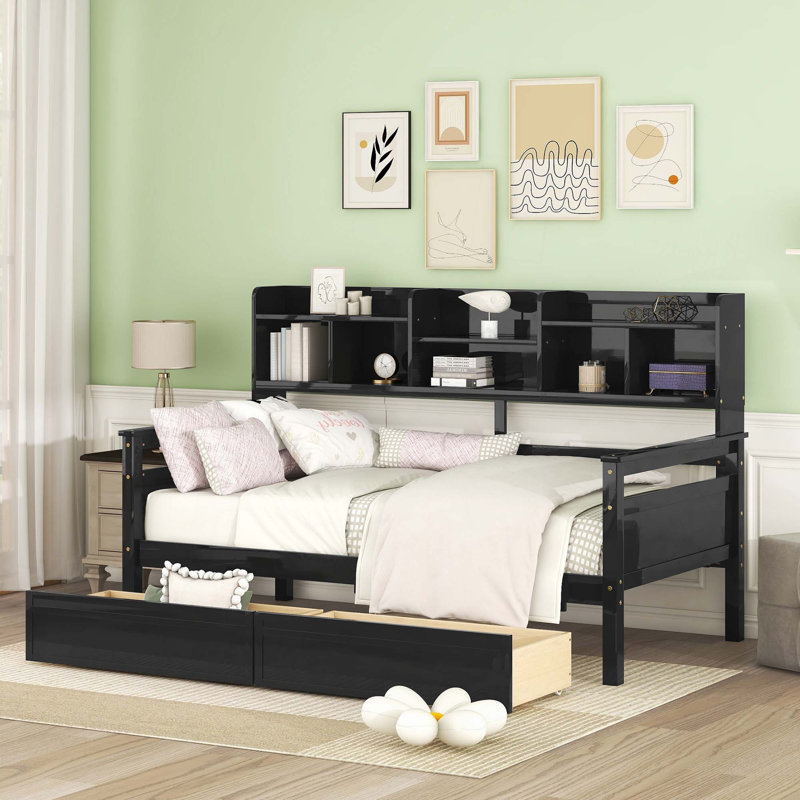 Daybed, Wood Slat Support, with Bedside Shelves and Two Drawers, Twin, Espresso