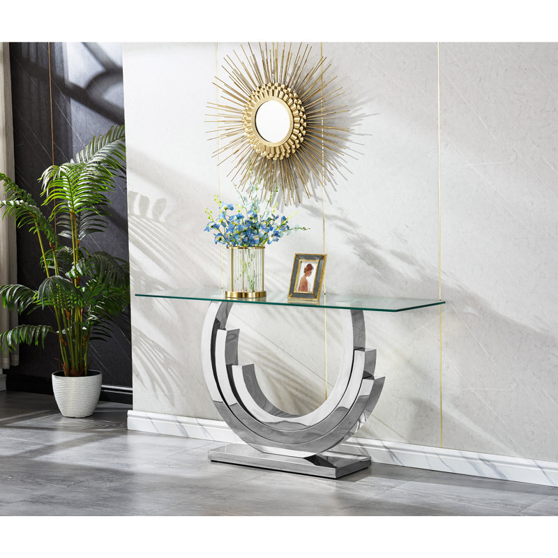 55" Glass Entryway Sofa Table Modern Narrow Long Console Table with Silver Mirrored Stainless Steel Base Contemporary Tall Accent Table for Living Room, Entryway, Hallway, Entrance