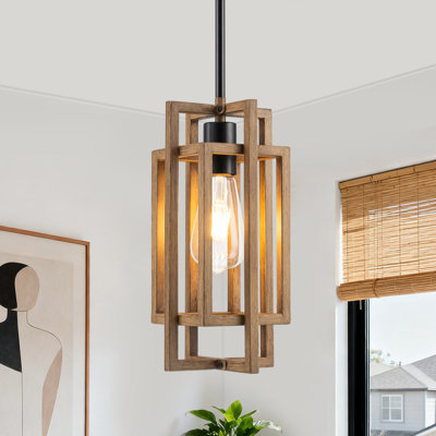 Egor 1 - Light Farmhouse Metal Wood Grain Geometric Pendant Light for Kitchen Island Dining Room Entryway