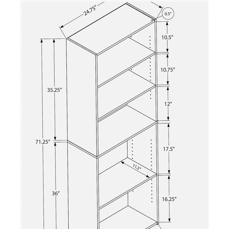72" 6-Tier Transitional Bookcase with Adjustable Shelves, White