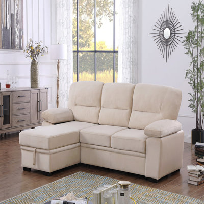 97.5"W Beige Velvet Fabric Reversible Sleeper Sectional Sofa Chaise