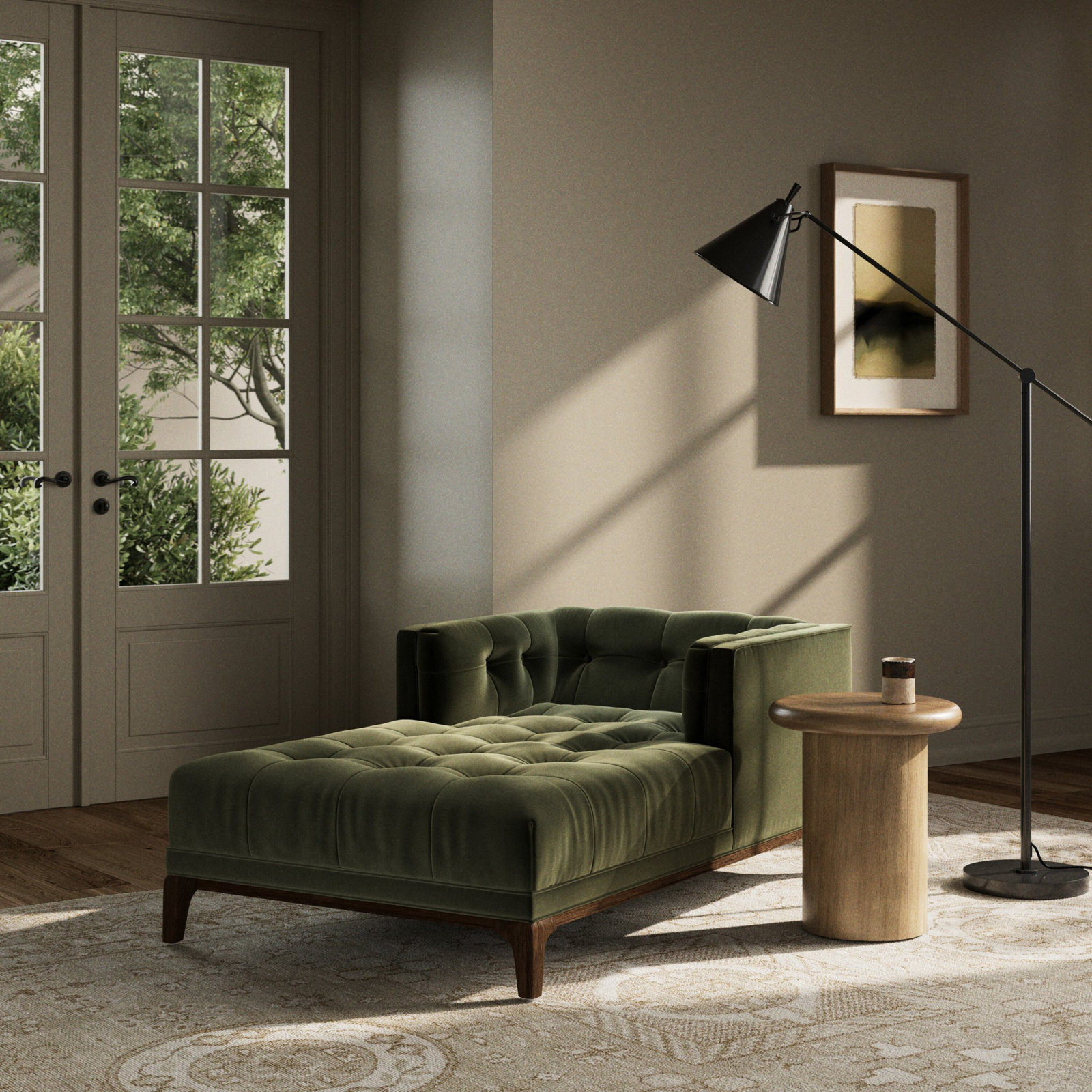 Bari Upholstered Chaise Lounge, Sapphire Olive Velvet