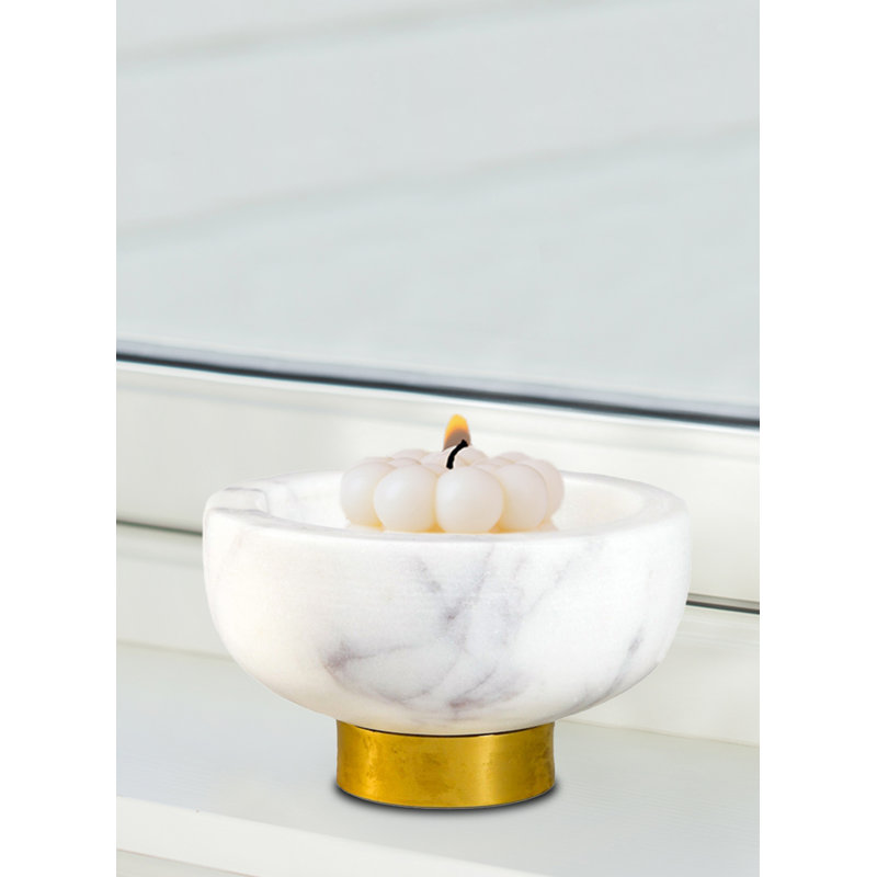 Bol en marbre blanc Wrought Studio ™ avec anneau en laiton, bol décoratif polyvalent - à utiliser comme centre de table, bol à fruits, 2,5 po de hauteur et 4 po de diamètre