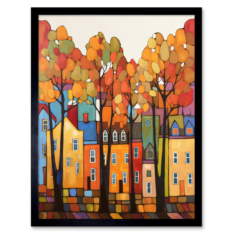 Multicoloured House Street In Autumn Contemporary Folk Art Painting Artwork Framed Wall Art Print 9X7 Inch