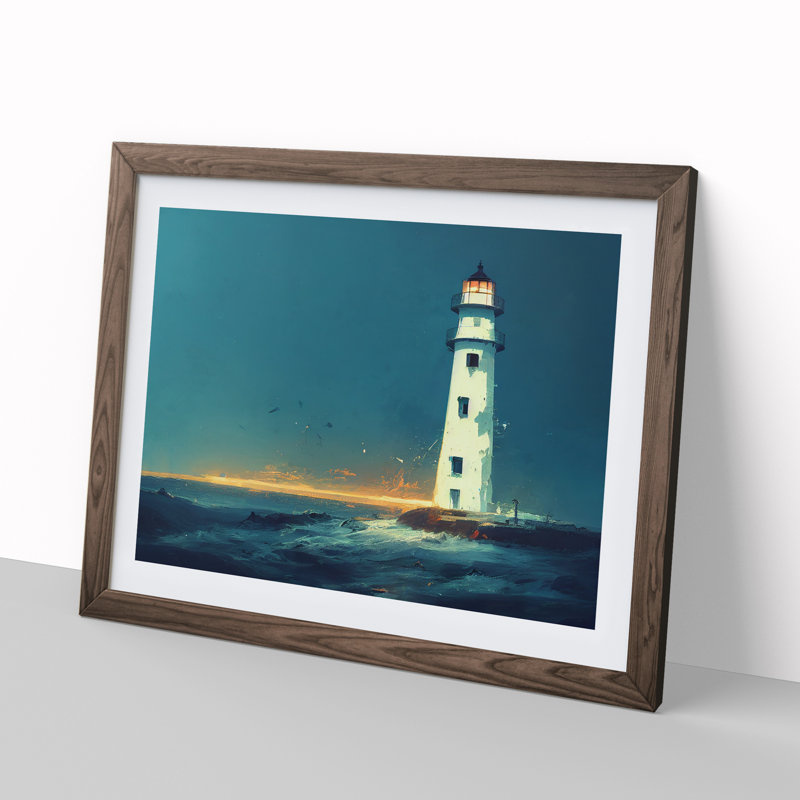 Thrilling Lighthouse Sunrise - Single Picture Frame Painting, 25cm H x 34cm W x 2cm D, Walnut Framed