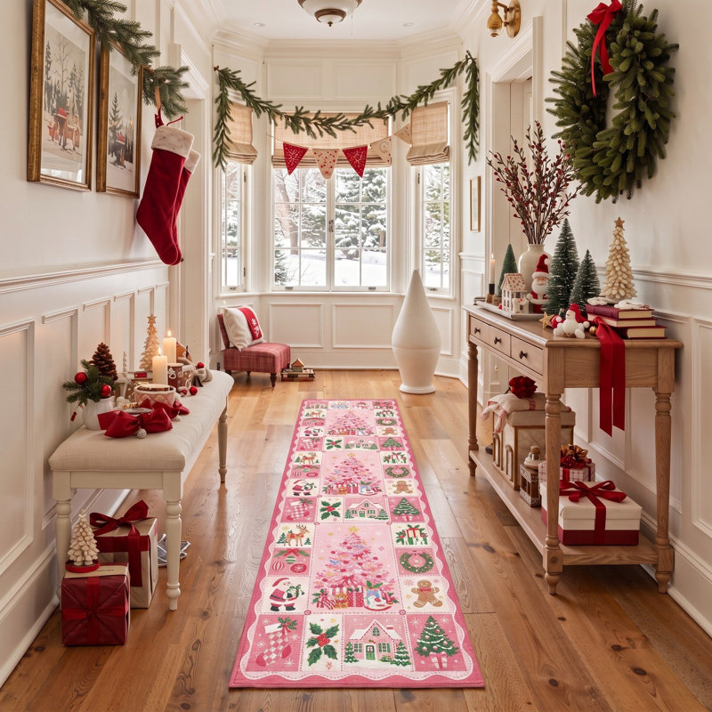 Tapis de chambre lavable à poils courts, motif d'animaux de Noël, père Noël et cerfs, rose et blanc