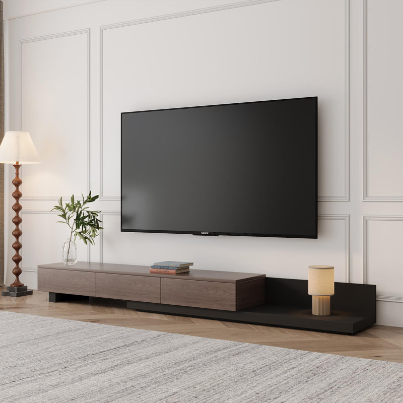 Carmavy 74.87" W Manufactured Wood Extendable TV Stand with Open Shelf , Walnut/Matte Black