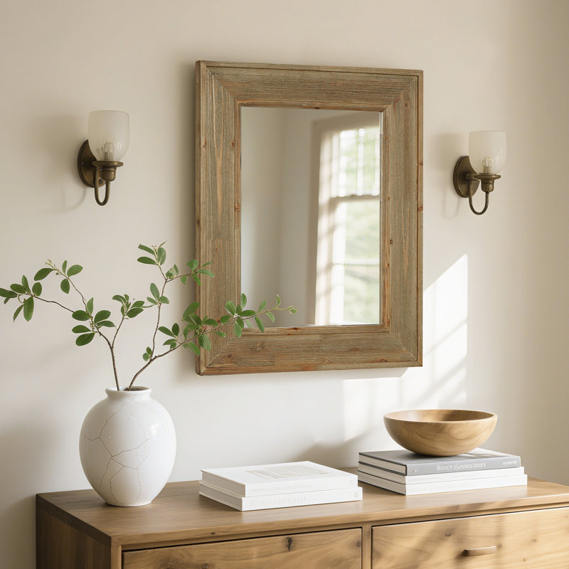 Rustic Rectangle Wood Mirror for Bathroom Farmhouse, 32" x 24", Woodgrain wash wood