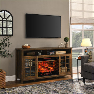 Meuble télé avec foyer électrique 55 po 2-en-1 avec rangement, bois de grange récupéré | Insertion | Bois de grange récupéré