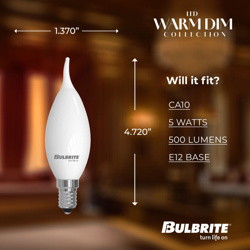 5 Watt LED CA10 Light Bulbs, Warm Dimming 3000K (Soft White)