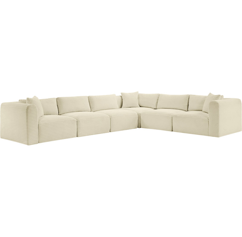 Canapé modulaire en L Carmean Performance, Velours côtelé texturé crème, 3 sans accoudoirs, 3 en coin