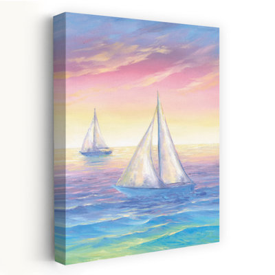 «Sail Away Sunset» - Voiliers nautiques côtiers contemporains, art pastel