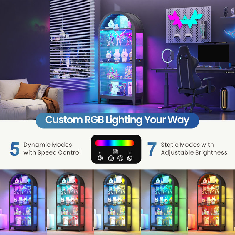 5-Tier Arched Display Cabinet with Glass Doors and RGB Lights for Trophy, Collectibles, Black