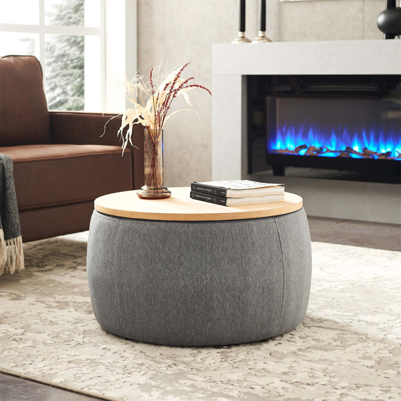 Round Storage Ottoman With Removable Top, Multi-Functional For Seating And Storage, No Assembly Required, Linen - Dark Gray