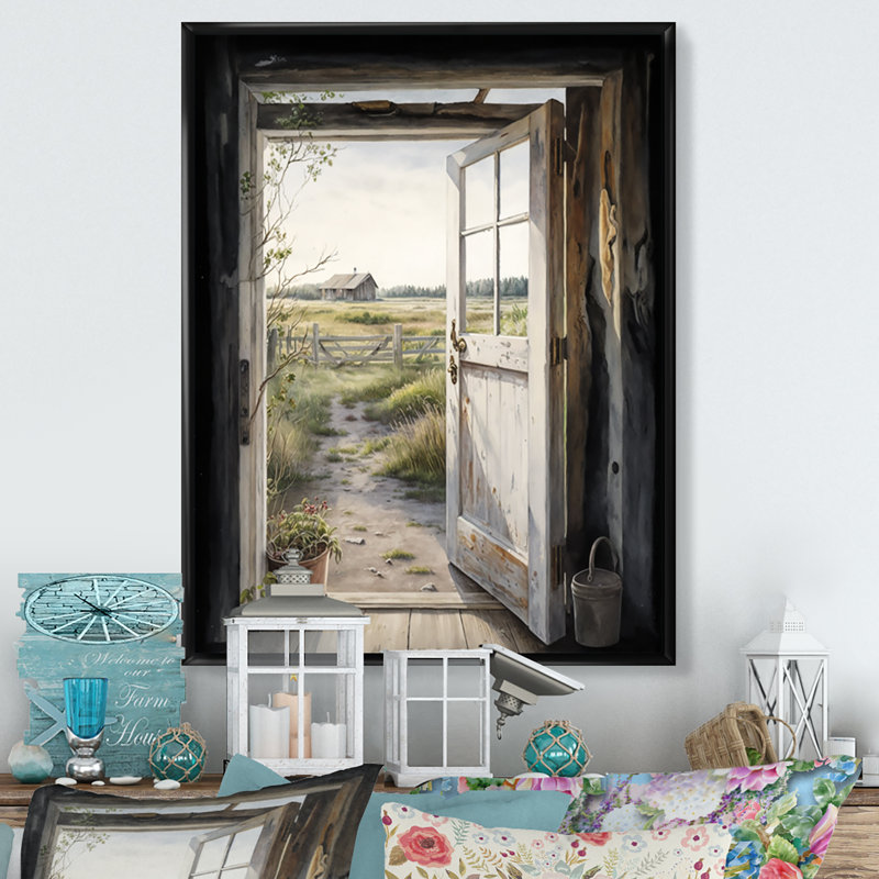 «View From A Cottage Country Door I - Farm Landscape», art mural, H 32 po x l 24 po, Cadre flottant noir