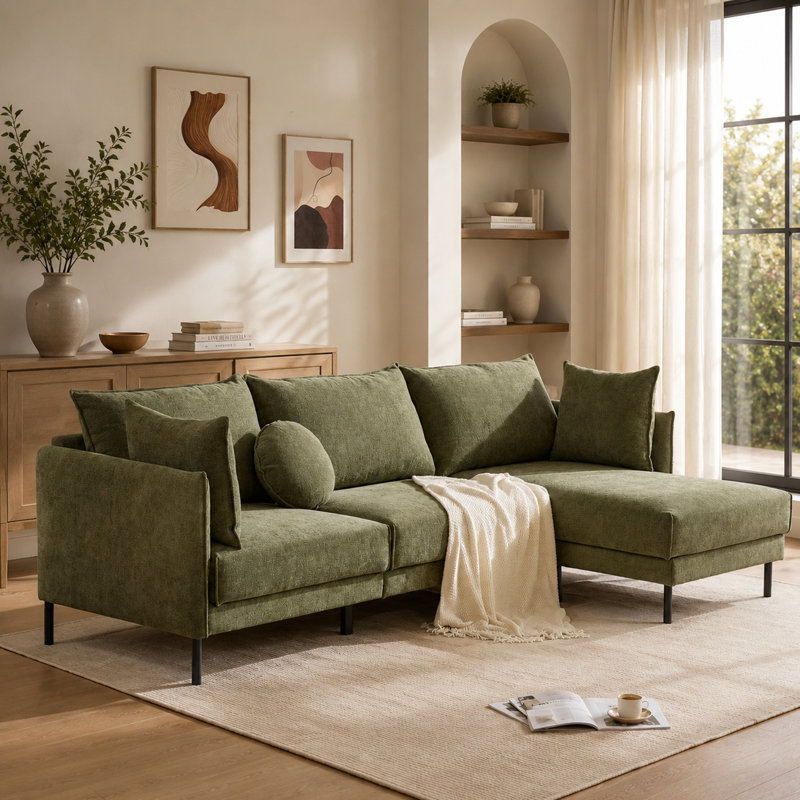 Modern L-Shaped Sectional Sofa With Chaise, Mid Century Modern Upholstered Couch With Deep Seat And Comfy Thick Cushions For Living Room