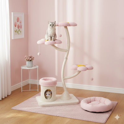 Tour pour chat rose et beige à plusieurs niveaux avec lit plateforme en forme de fleur, condo fermé et jouets suspendus pour chats d'intérieur