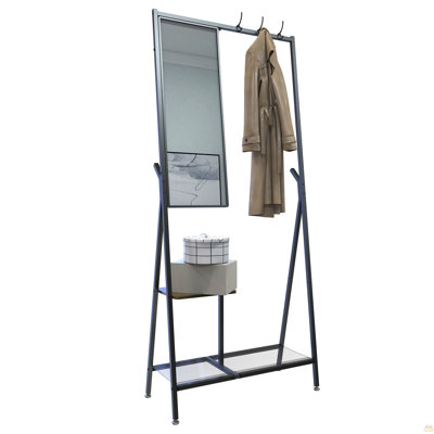 Coat Rack with Mirror, Multifunctional Hall Tree with Shoe Storage, Metal Frame, for Living Room Bedroom 73x32x15 Inches, Industrial Style, Rustic Brown and Black