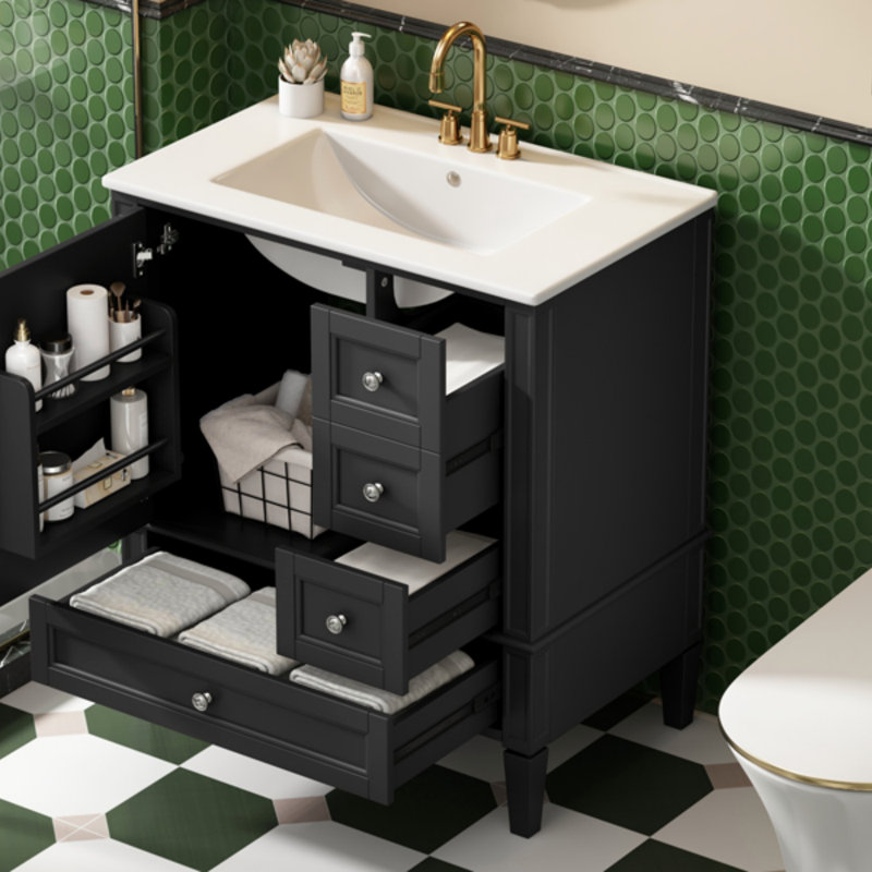 Meuble-lavabo moderne de 30 po avec lavabo en céramique, 3 tiroirs, meuble de rangement moderne en bois massif, Noir