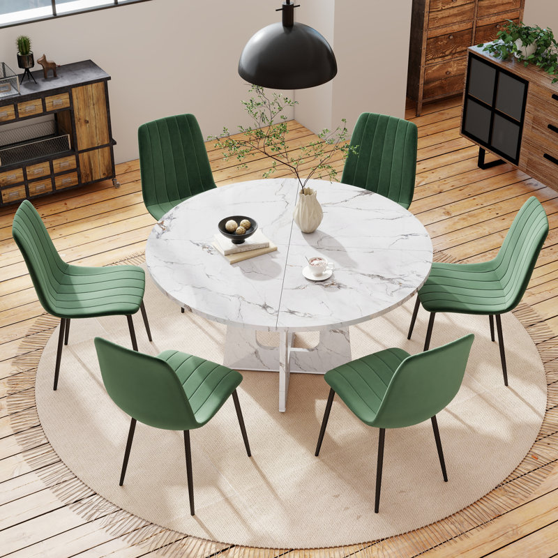 47in Round Dining Table and 6 Velvet Chairs Set,  MDF Table and Chairs with Metal Legs, Farmhouse Set for Kitchen Dining Room