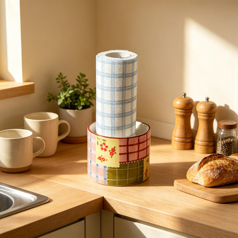 Panier tressé en rotin, tablette de rangement pour rouleau de papier essuie-tout, étagère de rangement pour pellicule plastique, étagère de rangement pour rouleau de pellicule alimentaire.