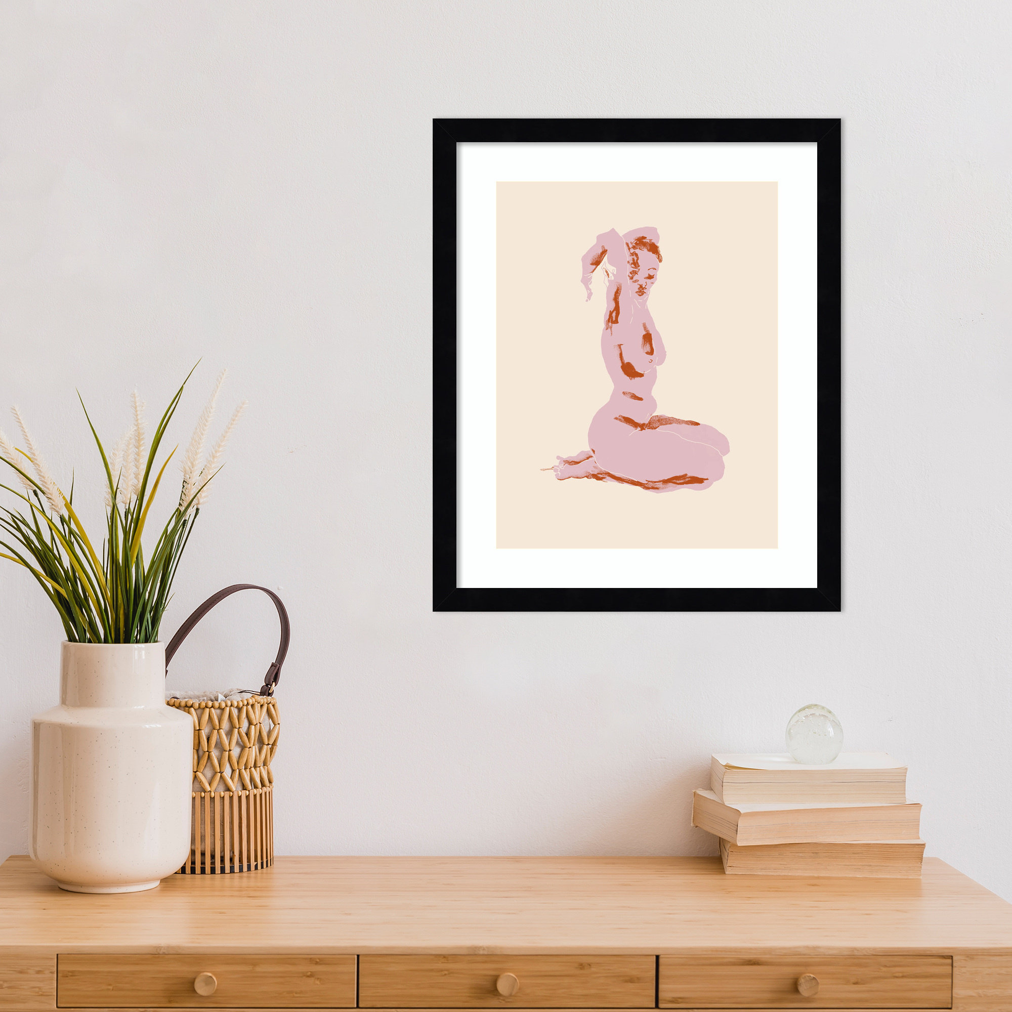 Nude With Arms Folded Over Her Head by Nantucket Wood Framed Wall Art Print, Black, 17" H x 14" W