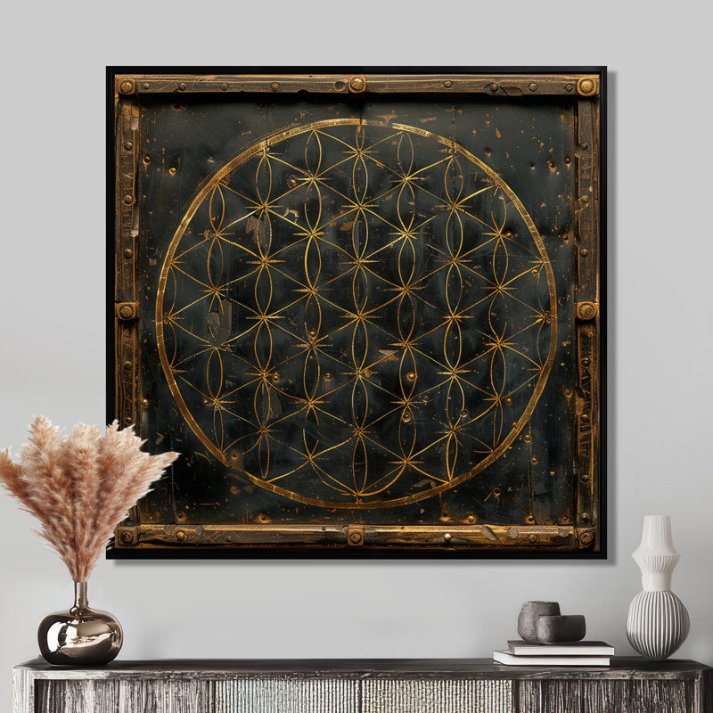 Provence, fleur de vie - art mural géométrique, salon, Toile avec cadre flottant noir, H 16 po x l 16 po x P 1 po