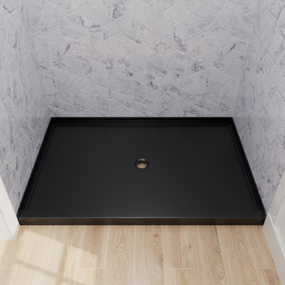 48x32 Inch Black Rectangle Acrylic Shower Pan with Drain Center Wear Resistant Waterproof Tray for Bath Remodel
