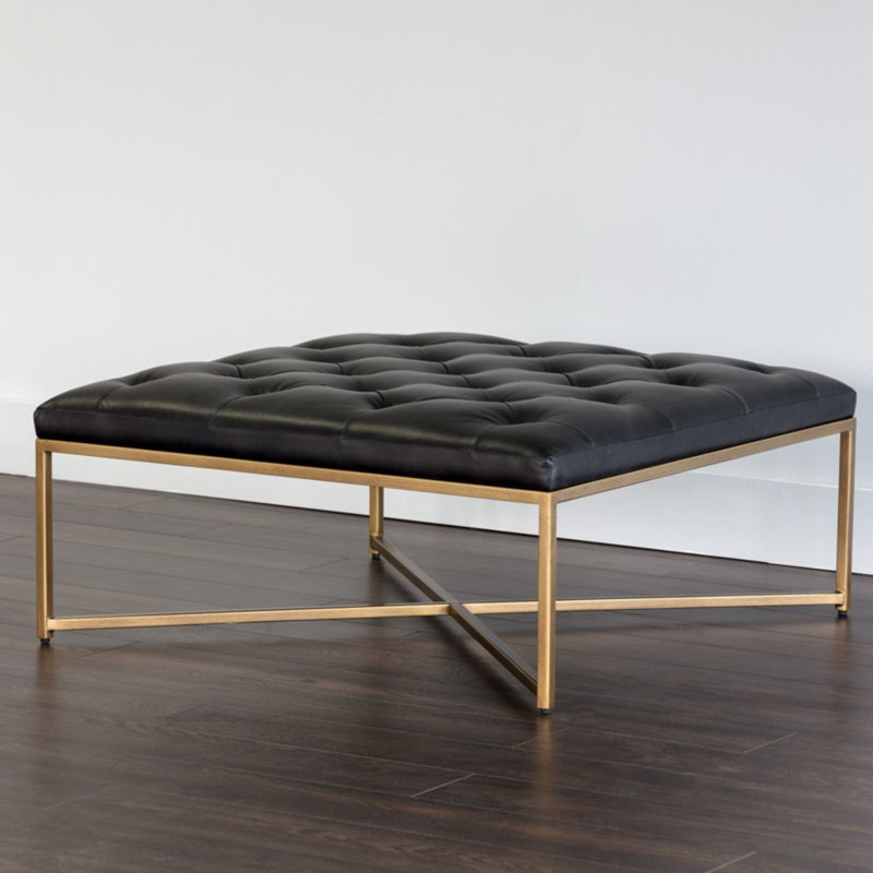 Endall Square Leather Ottoman, Black Genuine Leather