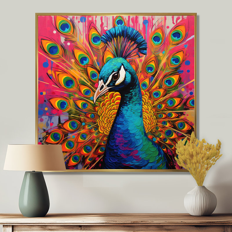 Bleu sarcelle, Pop Art, paon - paon, art mural sur toile, 44" H x 44" W, Cadre flottant doré